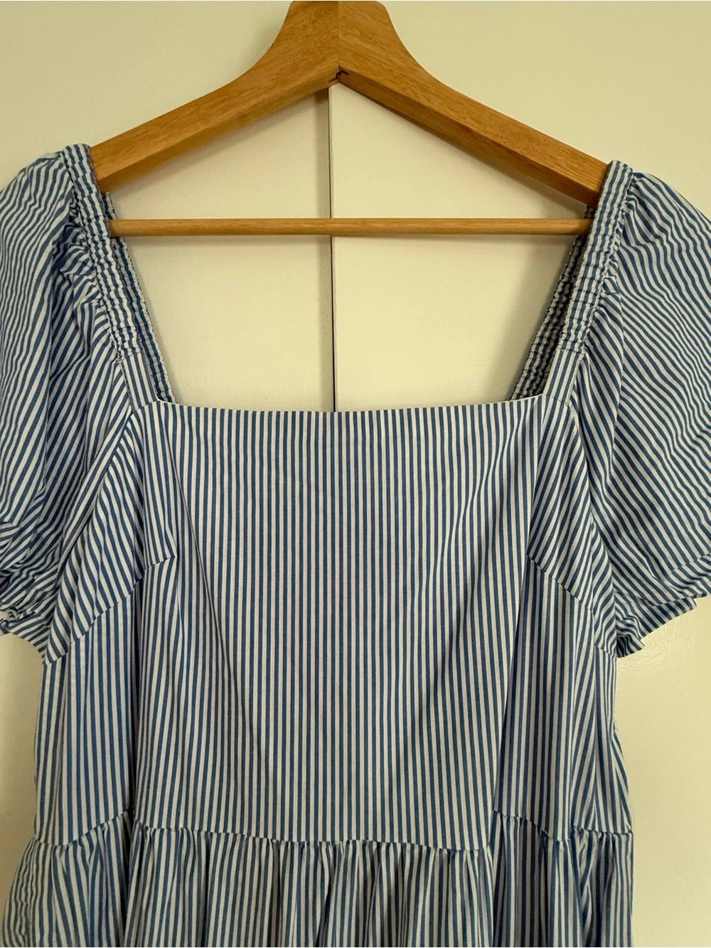 Blue & White Striped Puff-Sleeve Midi Dress
